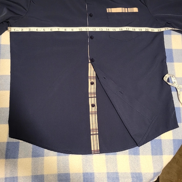 Men's Classic Navy Blue Button Down Dress Shirt with Plaid Accents . M/L - Picture 7 of 12